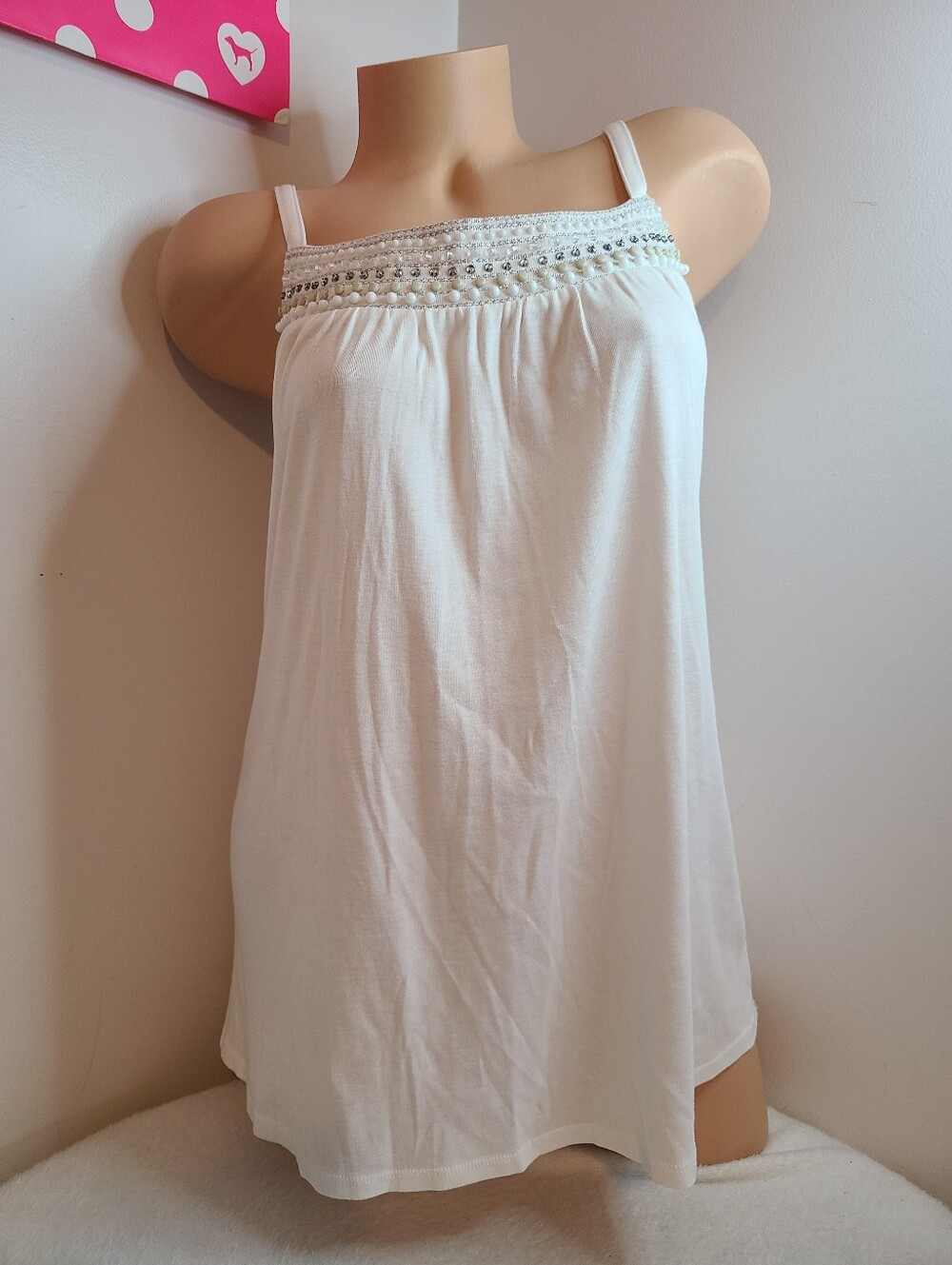 NWT New York & Company White Beaded Spaghetti Strap Camisole Tank Size Sm